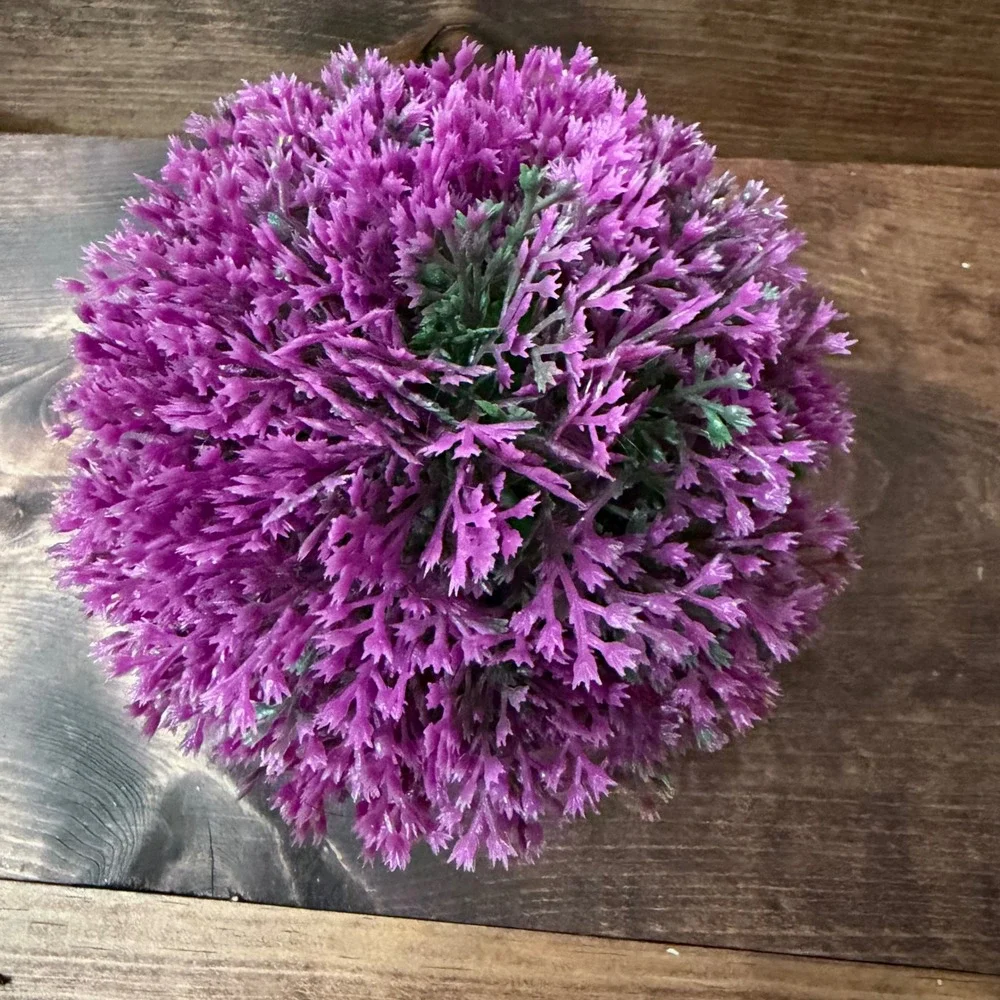 Faux Purple Plant in Textured Black Distressed Round Pot Decorative Accent